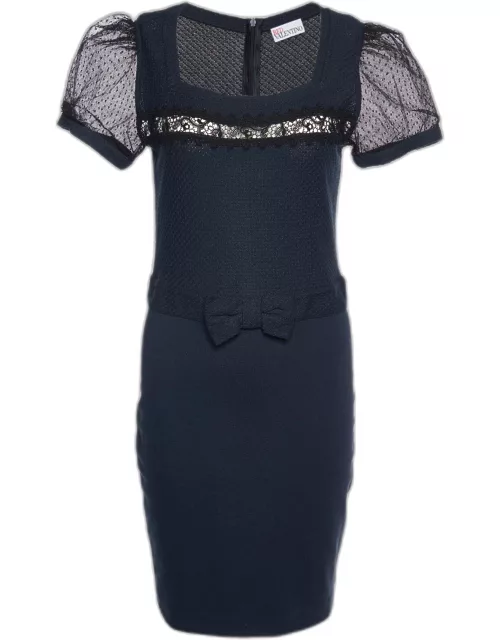 RED Valentino Navy Blue Patterned Knit Bow Detail Midi Dress
