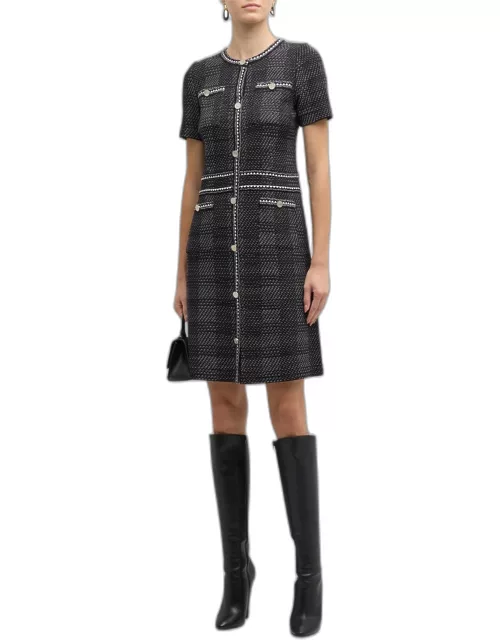 Plaid Tweed-Knit Button-Front Midi Dres