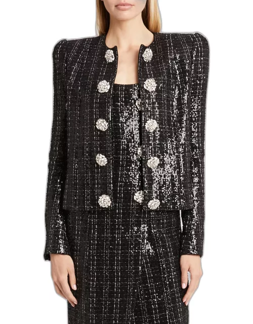 Collarless Sequined Tweed Jacket with Jewel Button