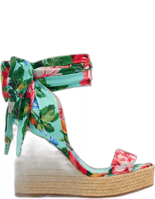 Floral Ankle-Wrap Wedge Espadrille