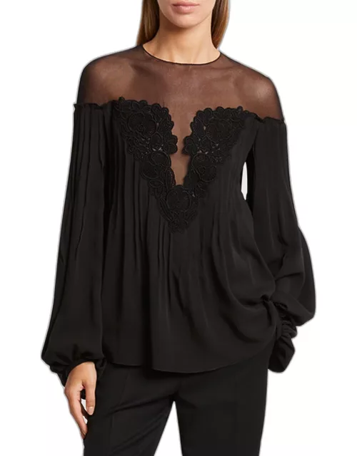 Illusion Silk Top with Lace Detai