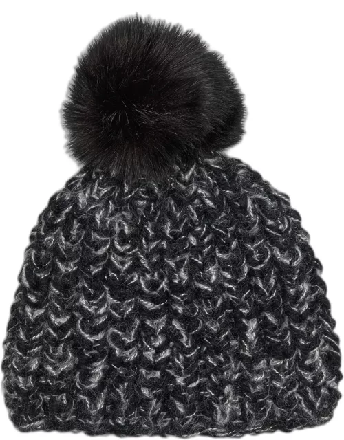 Chunky Crochet Knit Beanie With Faux Fur Po