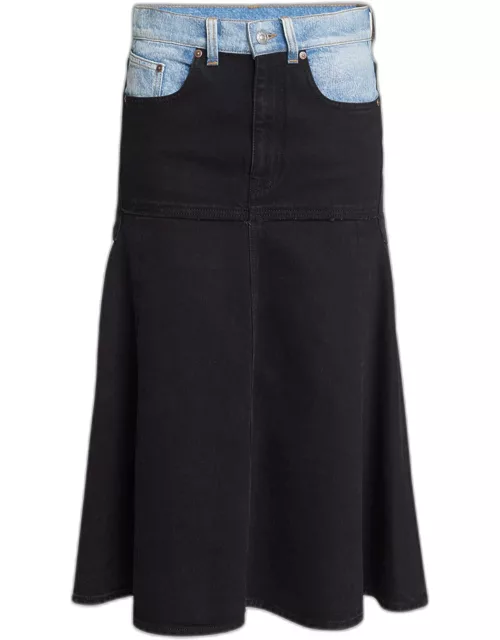 Patched Denim Fit-Flare Midi Skirt