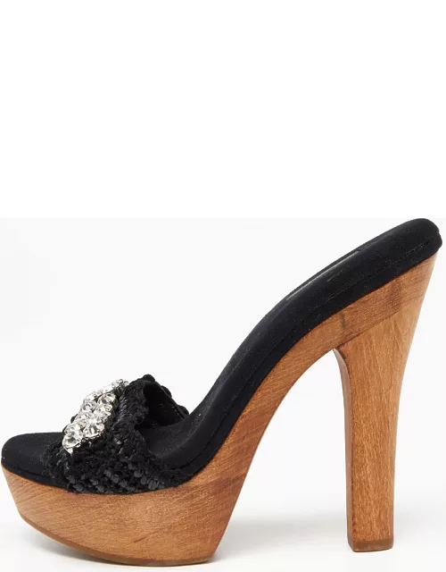 Dolce & Gabbana Black Woven Raffia and Fabric Crystal Embellished Platform Slide Sandal