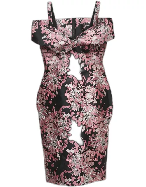 Dolce & Gabbana Black/Pink Lurex Jacquard Off Shoulder Corseted Midi Dress