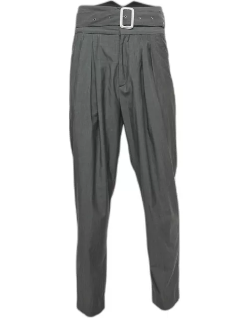 Kenzo Grey Wool Pleated High Waist Belted Trousers