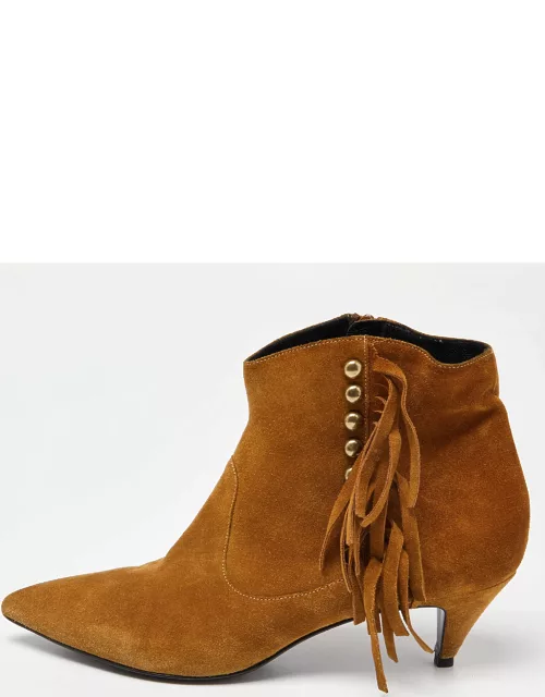 Saint Laurent Brown Suede Pointed Toe Fringe Ankle Boot