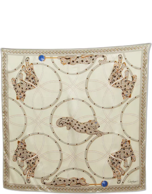 Cartier Cream Panthers & Hoops Print Silk Square Scarf
