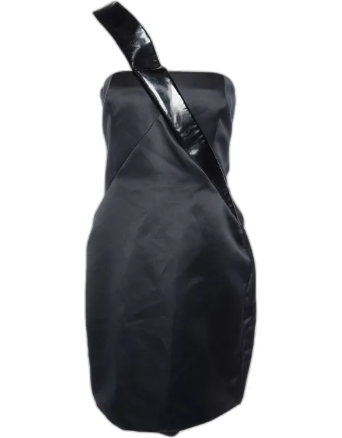 Emporio Armani Black Satin & Leather Shoulder Detail Mini Dress