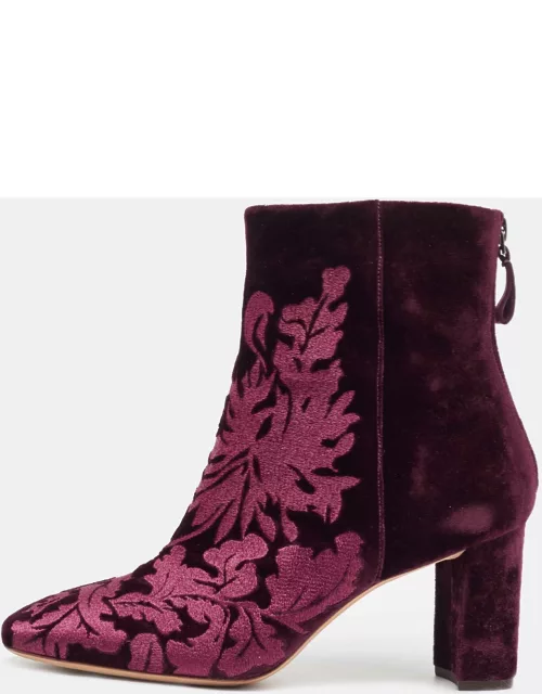 Alexandre Birman Burgundy Floral Velvet Block Heel Ankle Boot