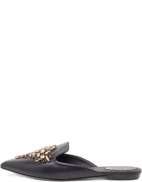 Rene Caovilla Black Leather Crystal Embellished Pointed Toe Flat Mule