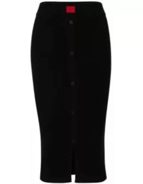 Ribbed-knit midi skirt with button front- Black Women's Casual Skirt