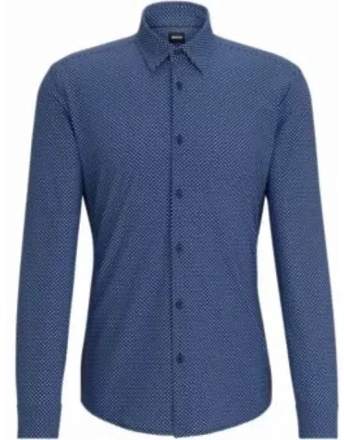 Slim-fit shirt in printed performance-stretch fabric- Dark Blue Men's Casual Shirt