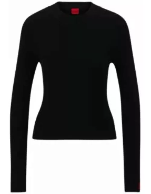 Rib-knit sweater with mock neckline and logo label- Black Women's Sweater