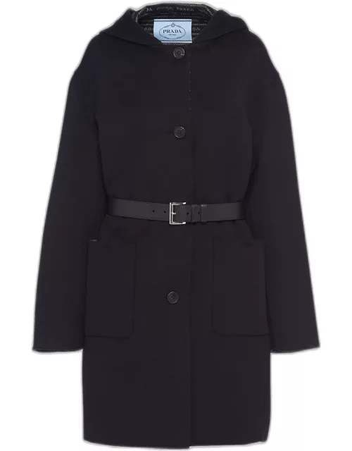 Hooded Double-Face Coat with Leather Belt