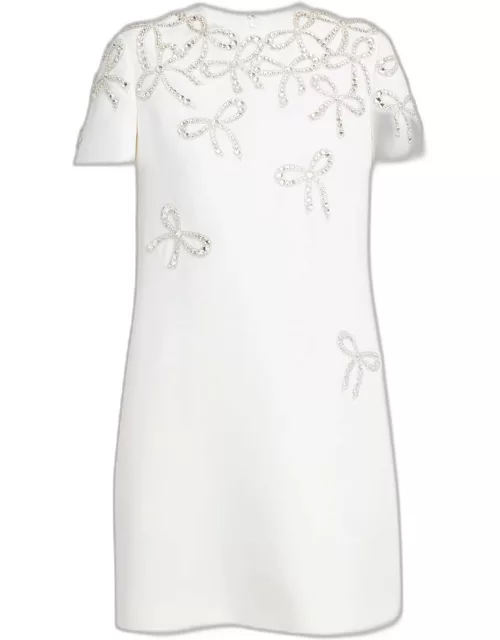 Embroidered Falling Bow Short-Sleeve Mini Dres