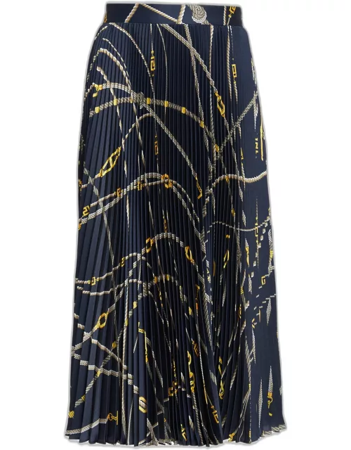 Rope-Print Pleated Twill Midi Skirt