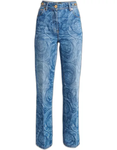 Baroque-Print Stone-Washed Straight Jean