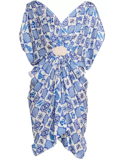 Azulejos-Print Draped Kaftan Mini Dres
