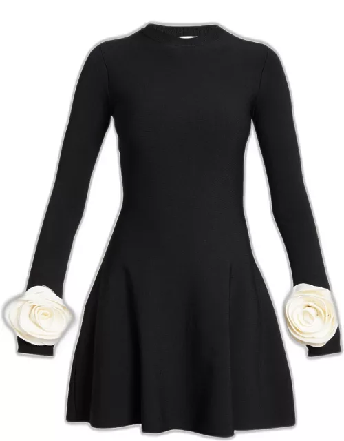 Rosette Cuff Long-Sleeve Mini Sweater Dres