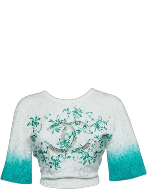 Chanel White/Green Ombre Cotton Knit Twisted Logo Cutout Crop Top