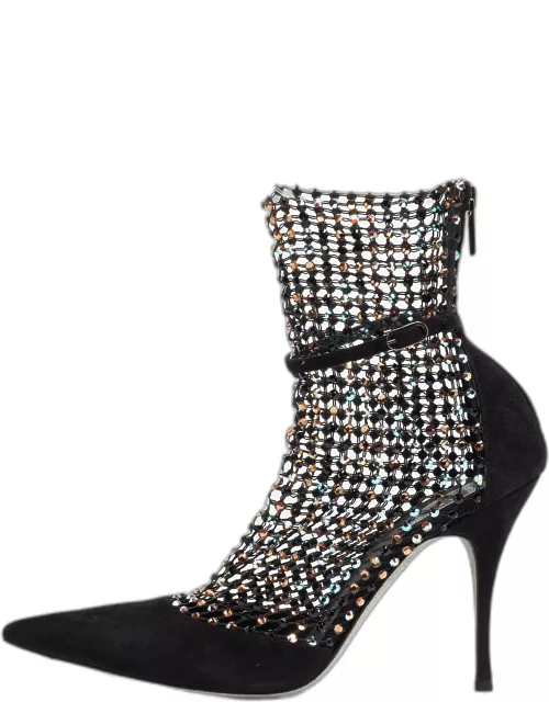 Rene Caovilla Black Suede And Mesh Crystal Embellished Galaxia Pointed Toe Ankle Strap Bootie
