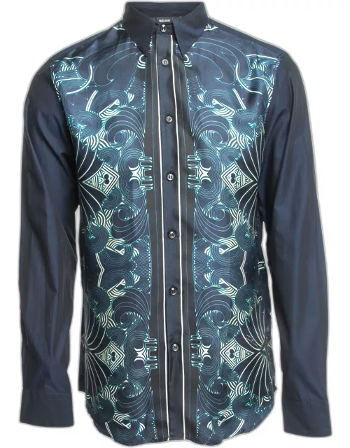 Just Cavalli Navy Blue Print Silk & Cotton Button Front Full Sleeve Shirt