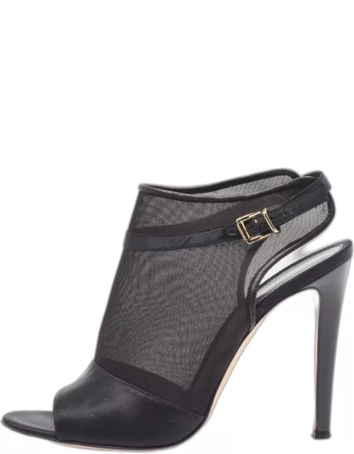Gianvito Rossi Black Satin and Mesh Open Toe Cut Out Slingback Bootie