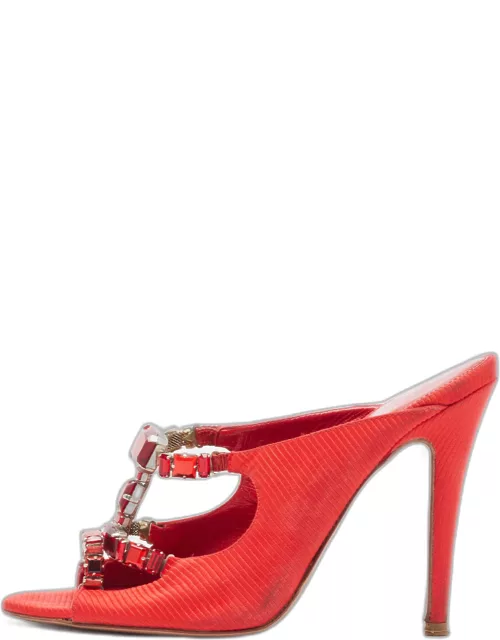Sergio Rossi Red Fabric Crystal Embellished Slide Sandal