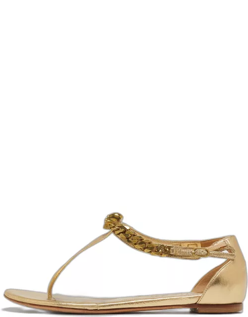 Alexander McQueen Gold Leather Skull Chain Thong Flat Sandal