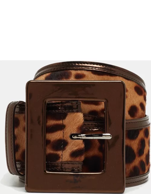 Dolce & Gabbana Bronze/Beige Leopard Print Calf Hair and Patent Leather Wide Buckle Belt 80C
