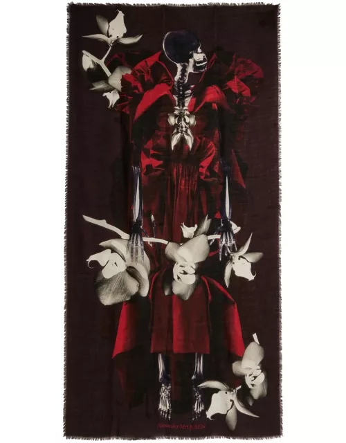 Alexander Mcqueen Orchid Skeleton Printed Wool Scarf - Black Red