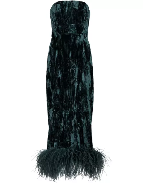 16 Arlington Minelli Feather-trimmed Velvet Midi Dress - Teal - 12 (UK12 / M)