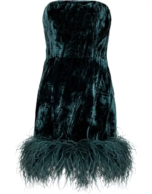 16 Arlington Minelli Feather-trimmed Velvet Mini Dress - Teal - 10 (UK10 / S)