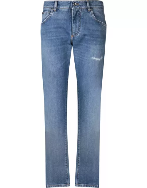 Dolce & Gabbana Five-pockets Slim Jeans With Logo Plaque In Stretch Cotton Deni