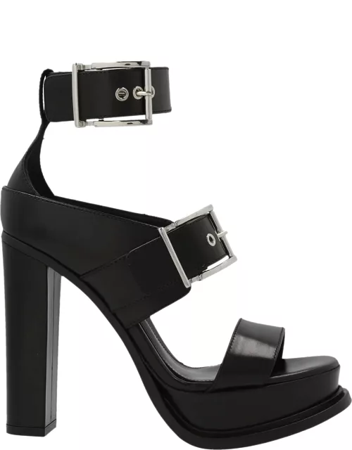 Alexander McQueen Platform Sandal With Buckles In Black And Silver