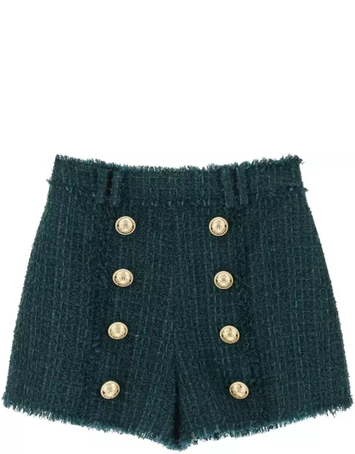 Balmain Green Tweed Shorts With Button