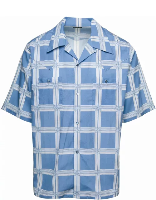 Needles Light Blue Bowling Shirt With All-over Graphic Print In Cotton Blend Man