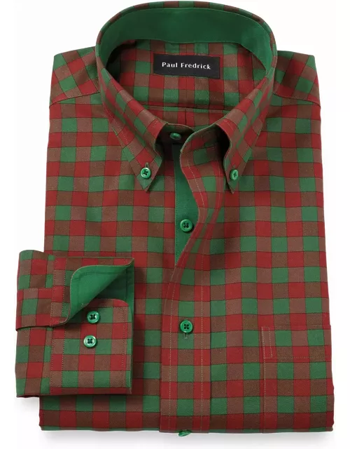Non-iron Cotton Gingham Dress Shirt With Contrast Tri