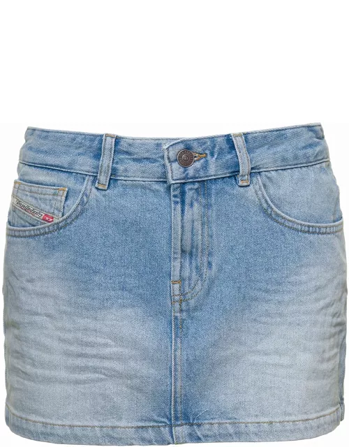 Diesel de-ron-s1 Light Blue Mini Skirt With Maxi Oval D Logo Patch In Ultra Stonewashed Cotton Denim Woman