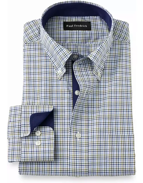 Slim Fit Non-iron Cotton Tattersall Dress Shirt With Contrast Tri
