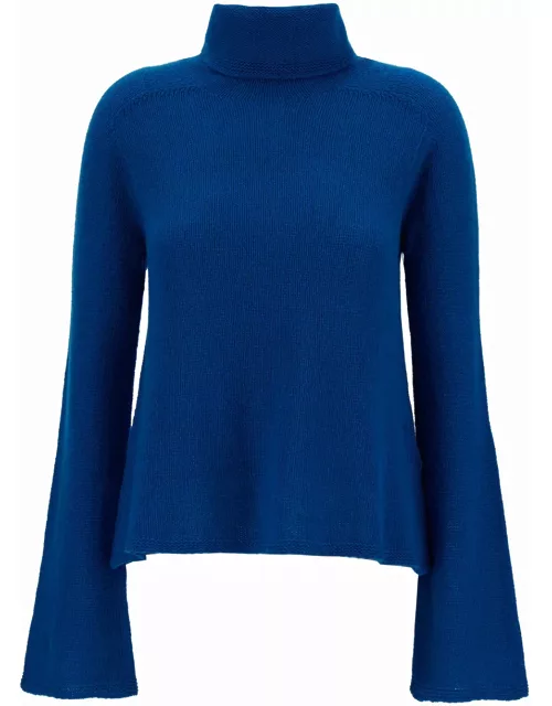 SEMICOUTURE ginger Blue Turtleneck With Flare Sleeves In Fabric Woman