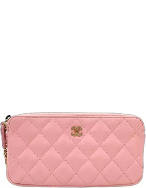 Chanel Pink Leather CC Quilted Double Zip Wallet On Chain