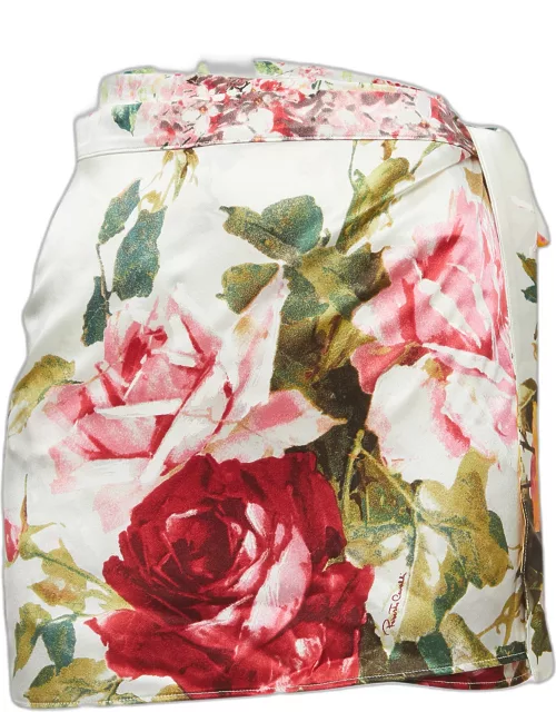 Roberto Cavalli White Floral Print Satin Mini Wrap Skirt