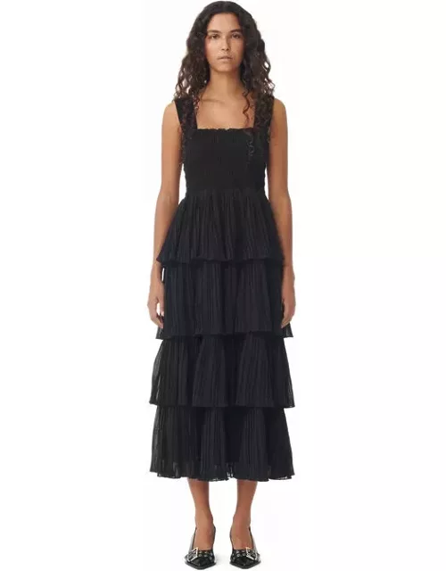 GANNI Pleated Georgette Flounce Smock Midi Dress in Black