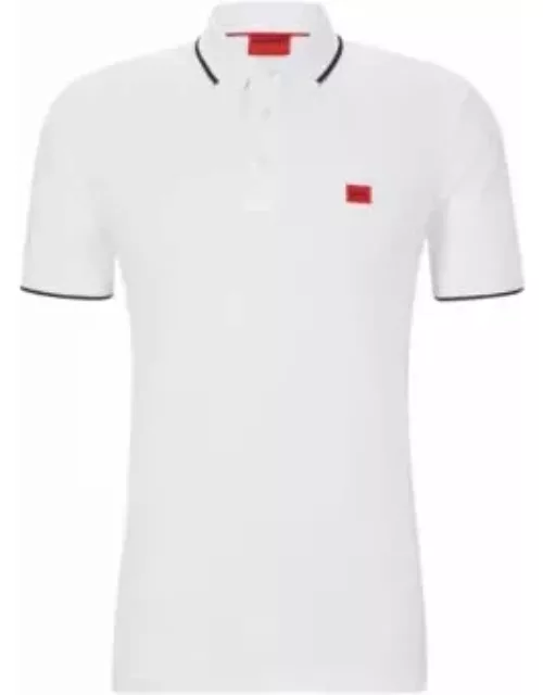 Cotton-piqu slim-fit polo shirt with red logo label- White Men's Polo Shirt