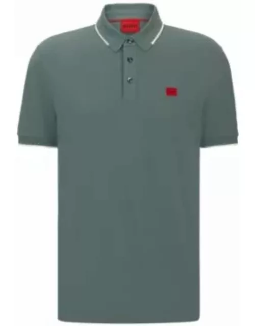 Cotton-piqu slim-fit polo shirt with red logo label- Dark Green Men's Polo Shirt