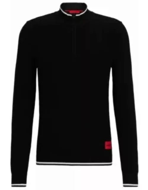 Zip-neck sweater with red logo label- Black Men's Sweater