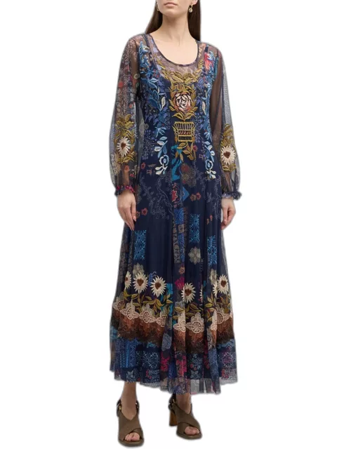 Elrey Floral-Print Embroidered Mesh Maxi Dres
