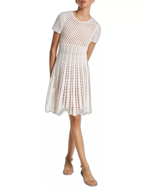 Cashmere Crochet-Knit Short-Sleeve Mini Dres